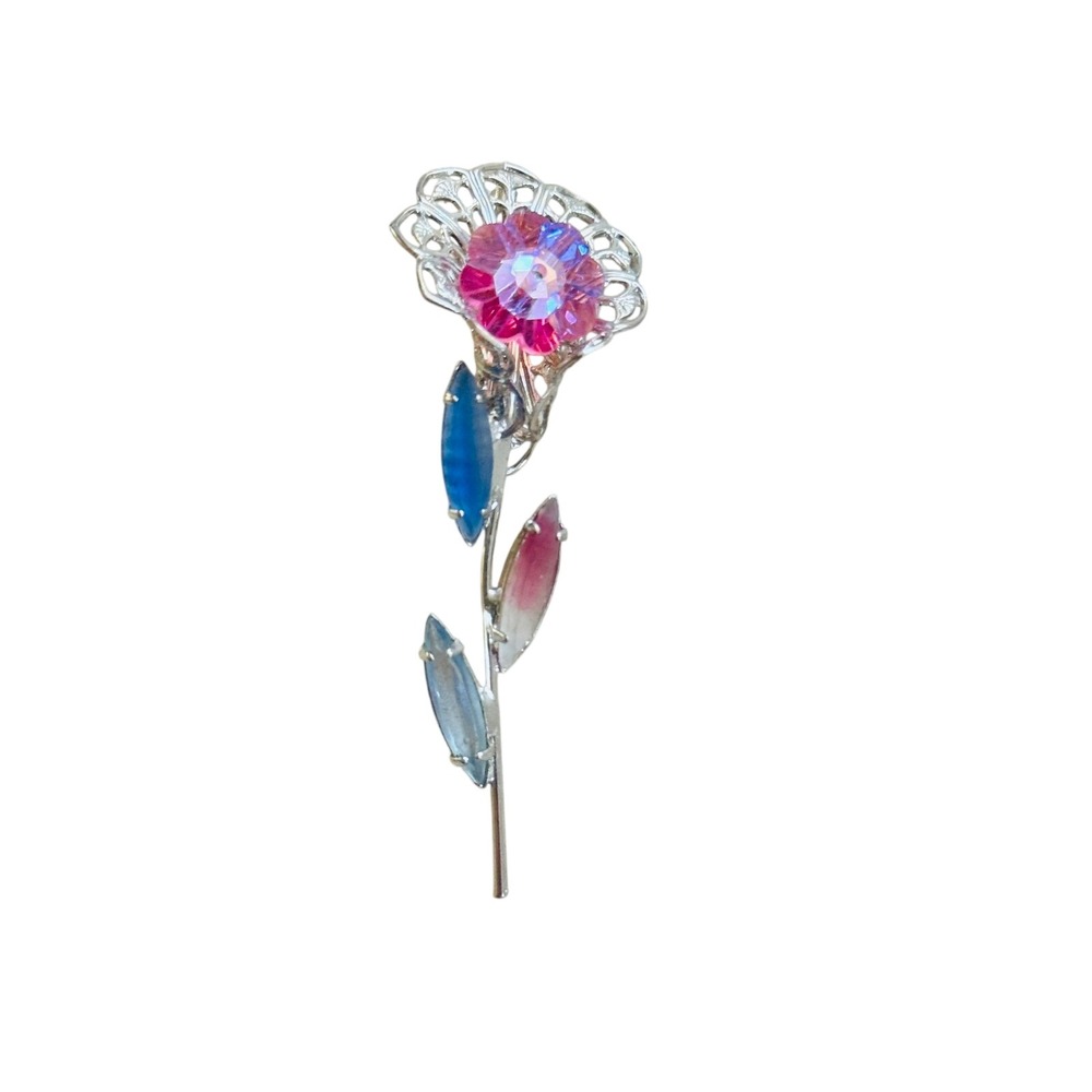 VTG CZech Flower Jeweled brooch pin purple rhinestone silver tone Margarita pink